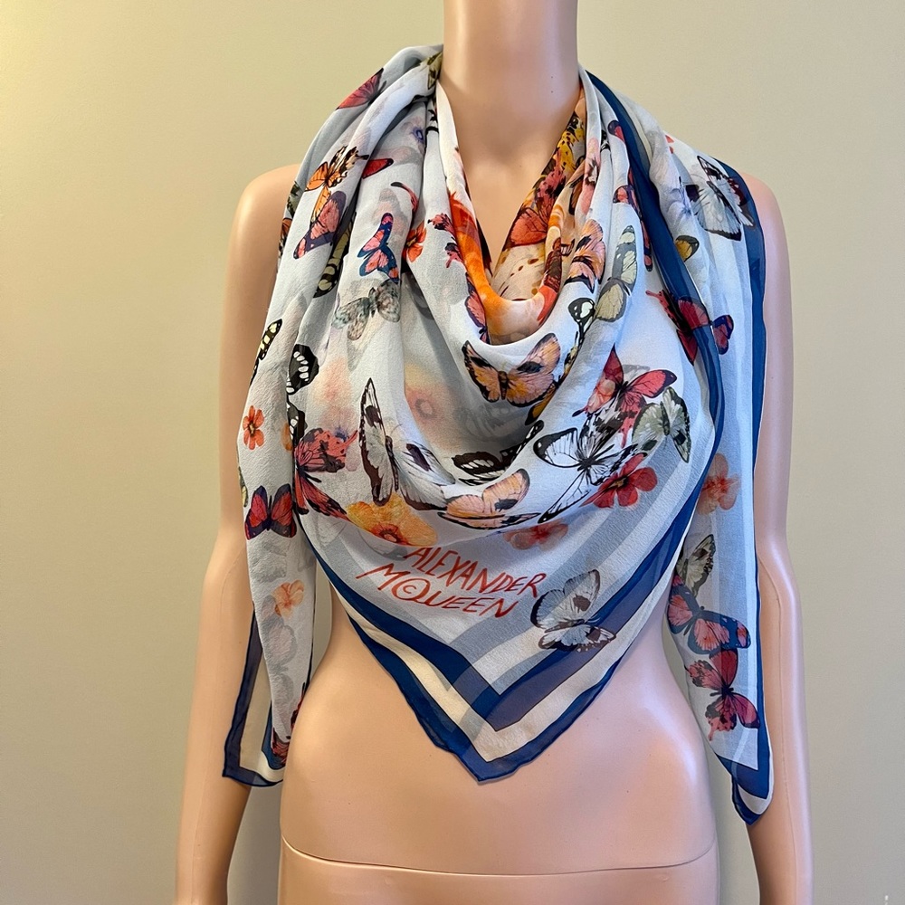 Alexander McQueen Blue Butterfly and Lion Print Square Silk Scarf